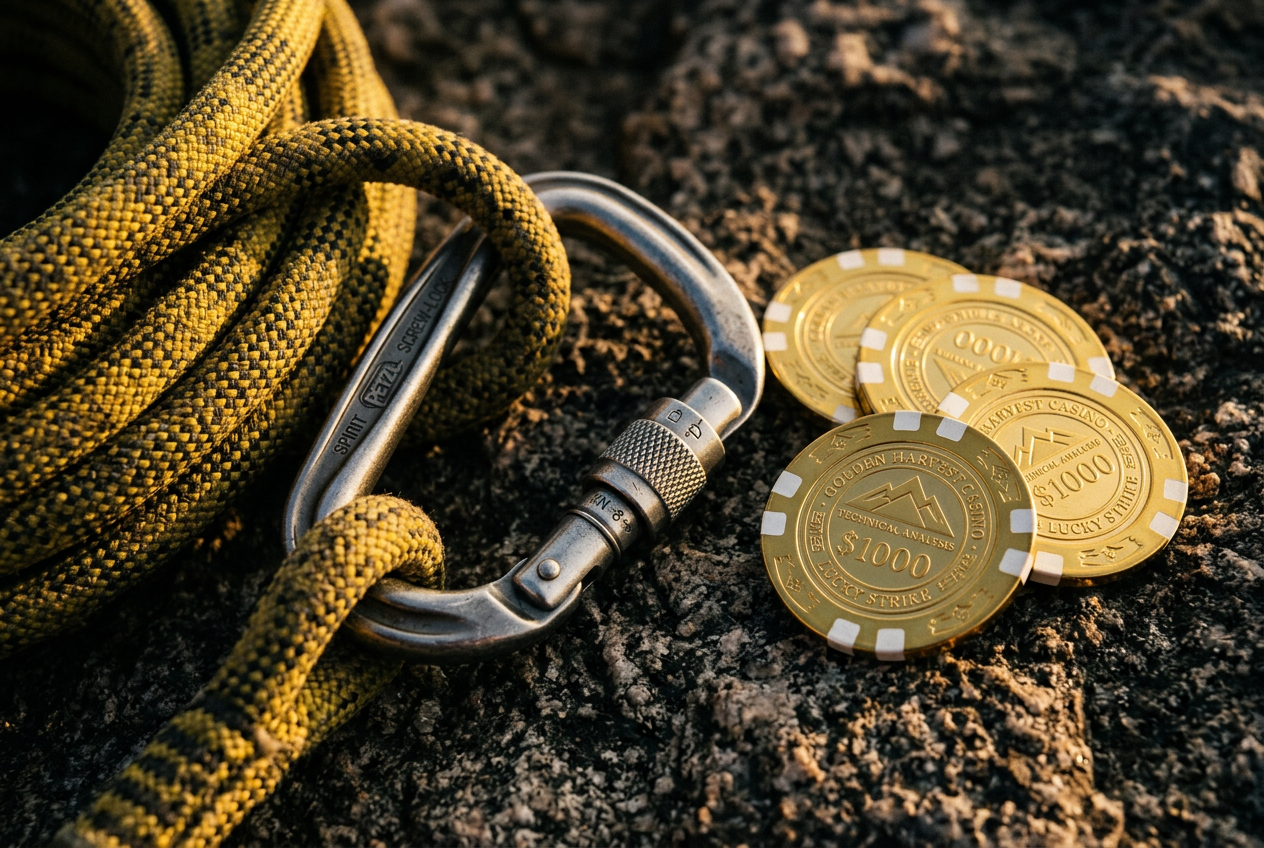 Climbing rope and carabiner next to casino chips.