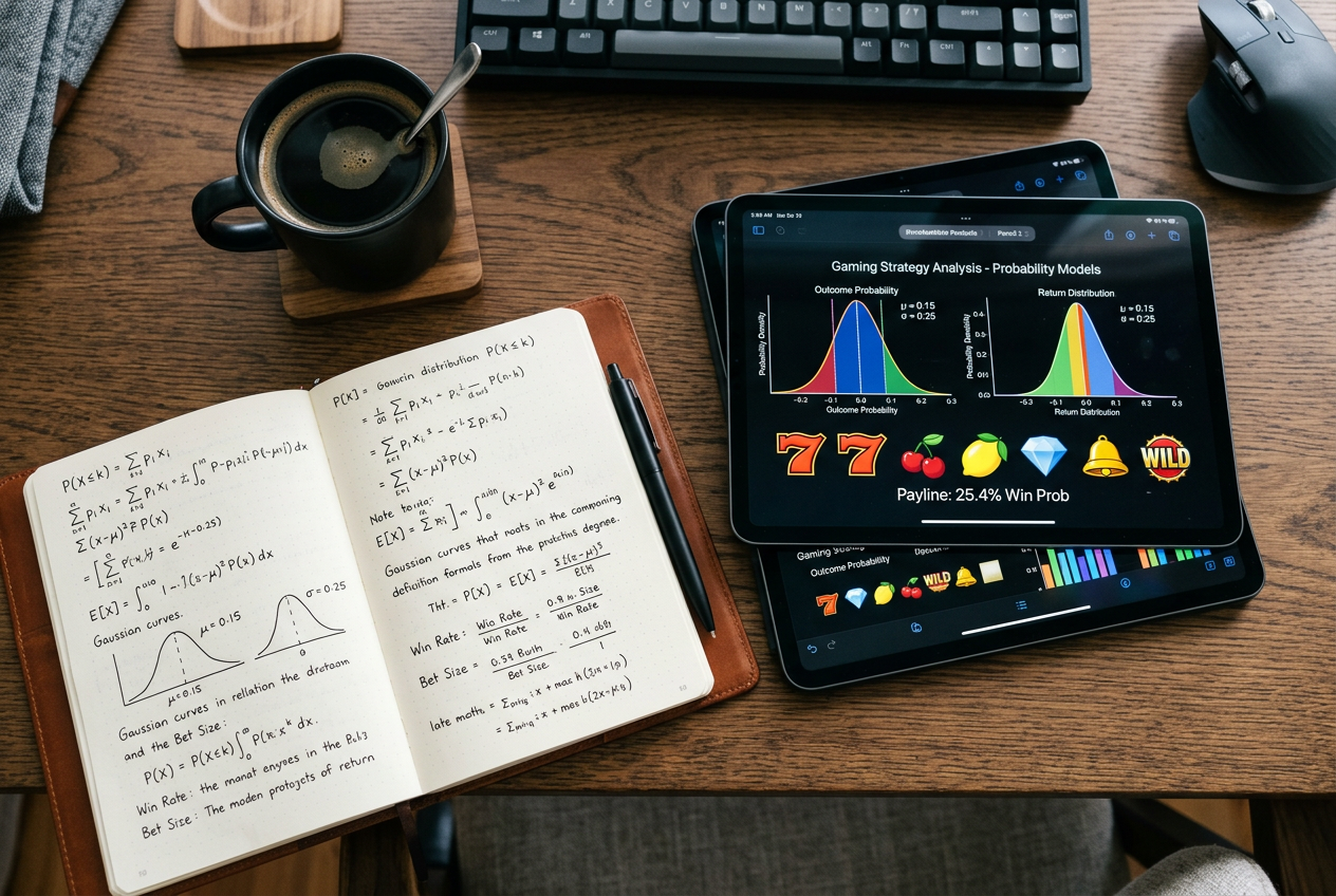 A digital tablet showing probability graphs next to a notebook with math equations.