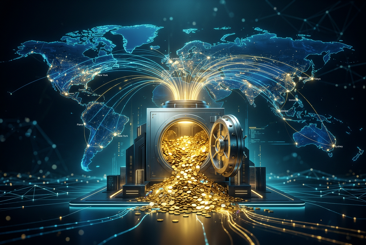 A global digital network map connecting to a giant golden vault.