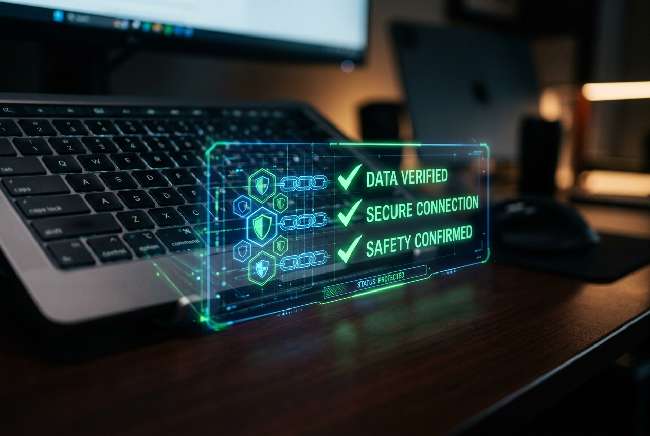 A futuristic holographic interface showing security checkmarks and data points.