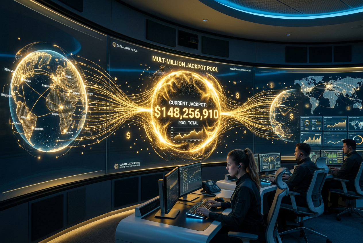 Digital visualization of interconnected casino networks feeding a massive central jackpot.
