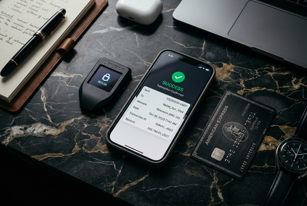 Smartfon z portfelem kryptowalutowym i kartą płatniczą na biurku